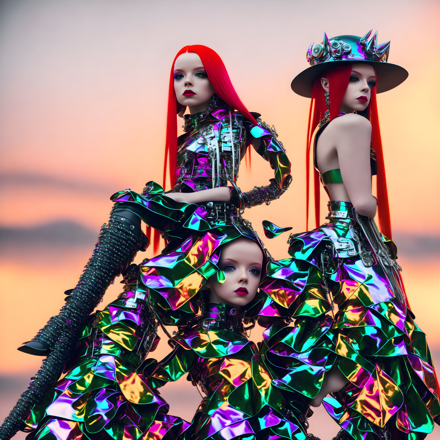 Vibrant red hair models in futuristic outfits at sunset