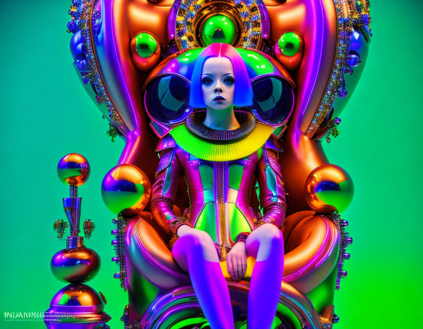 Colorful Futuristic Figure on Ornate Throne in Surreal Setting