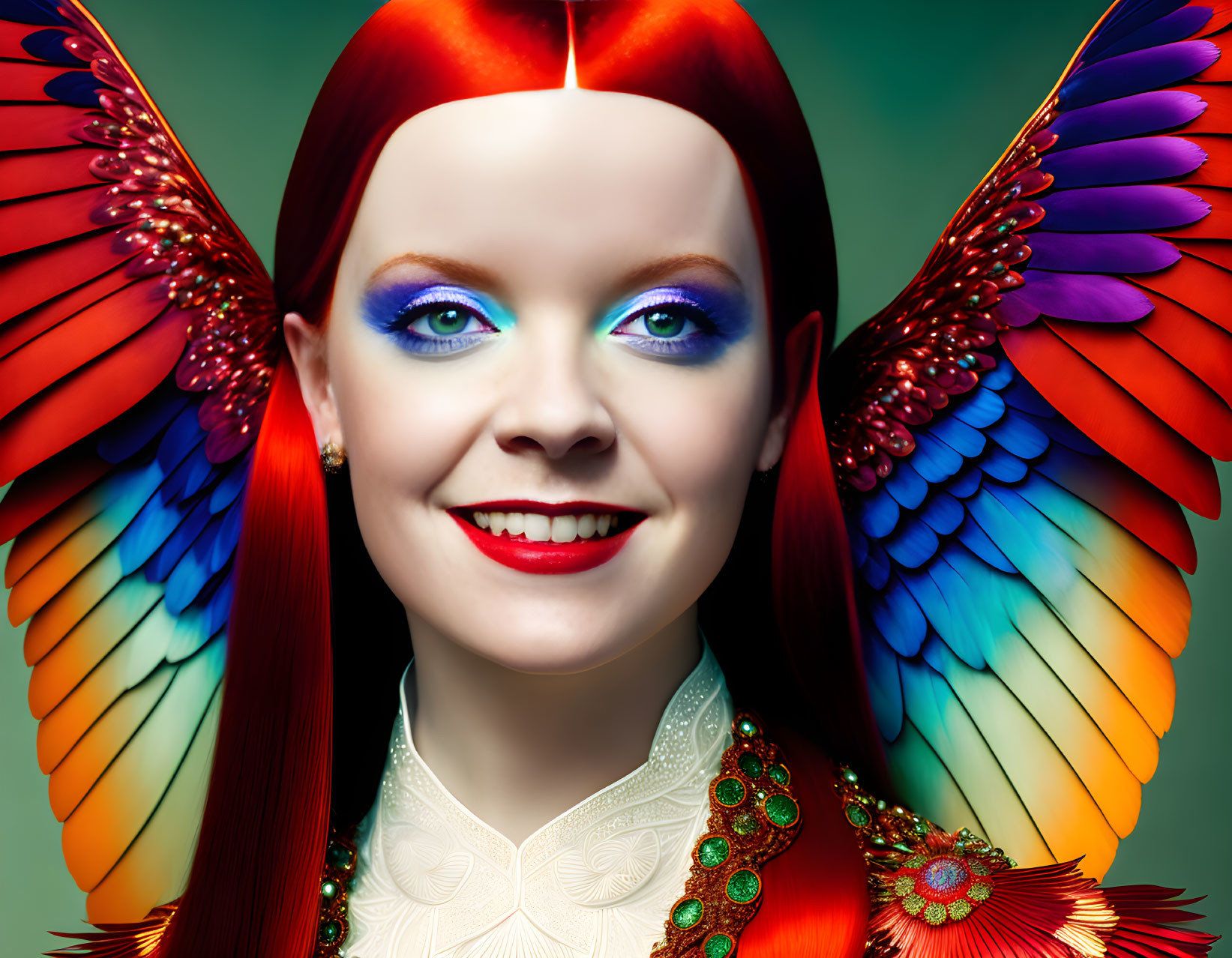 Woman with Rainbow Butterfly Wings and Red Hair Smiling on Green Background