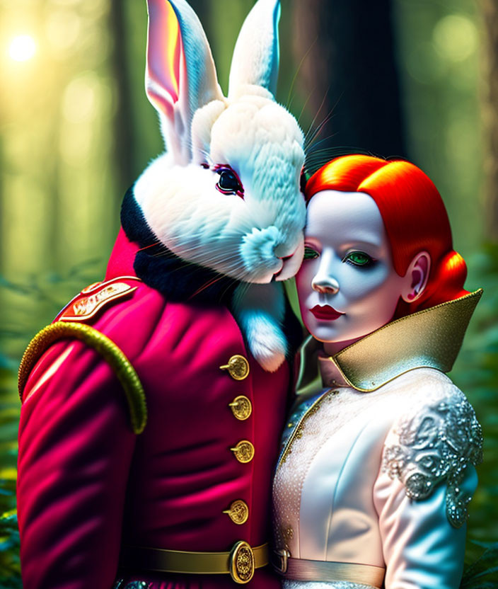Surreal portrait: Rabbit-headed figure embraces pale woman