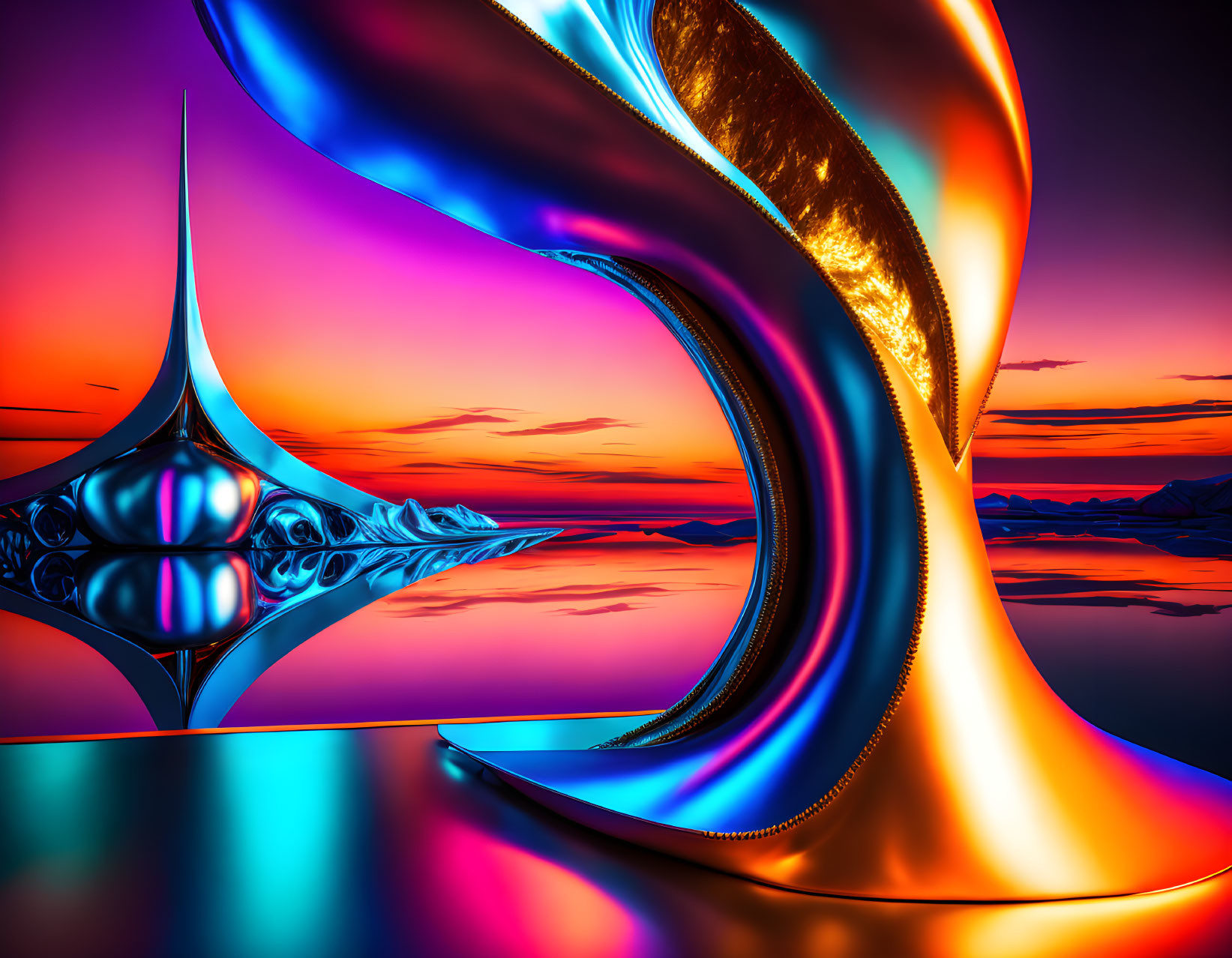 Vivid Abstract Digital Art: Reflective Surface, Metallic Curves, Spiky Structure