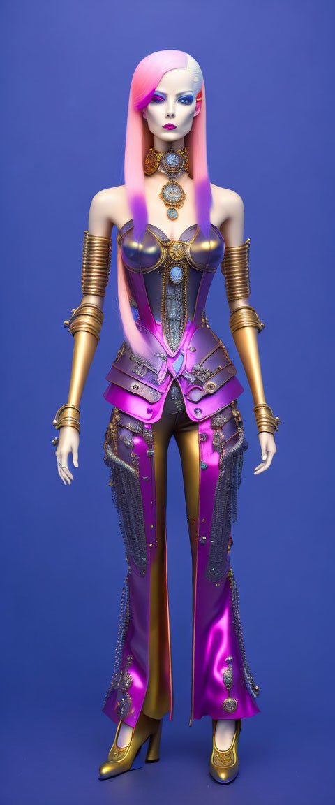 Stylized mannequin with pink hair and ornate attire on blue background