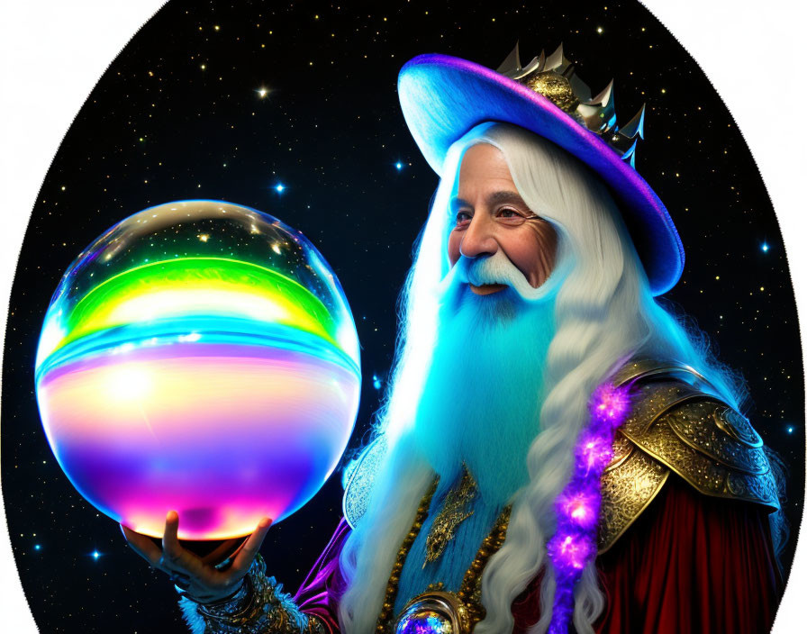 Whimsical wizard with glowing orb in cosmic setting