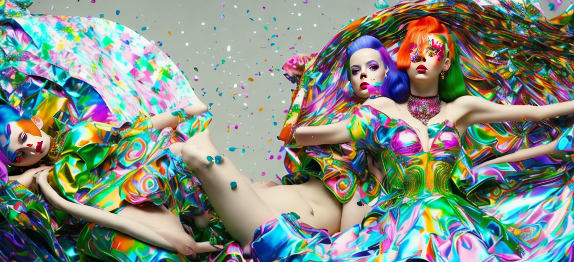 Vibrant makeup models pose in colorful dresses on grey background