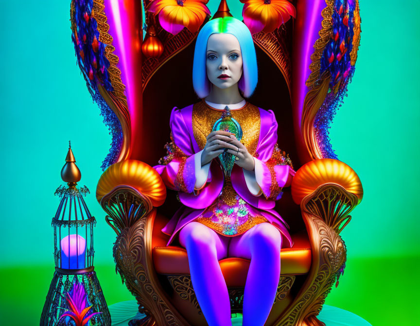 Blue-haired woman on vibrant throne with green orb and surreal background