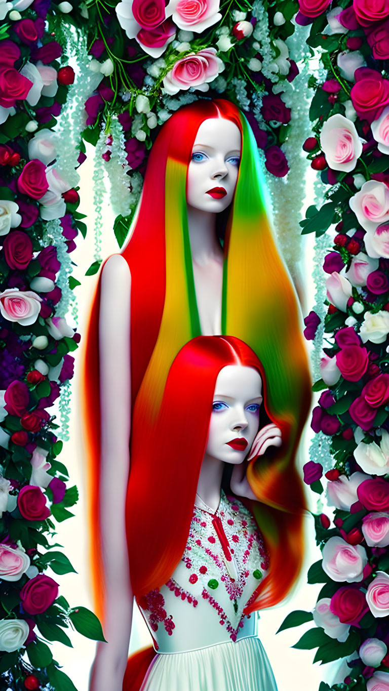 Vibrantly colored hair mannequins among lush flowers