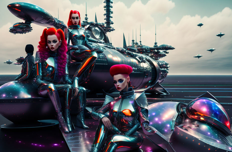 Futuristic women in red hair and metallic suits near silver vehicles in sci-fi city