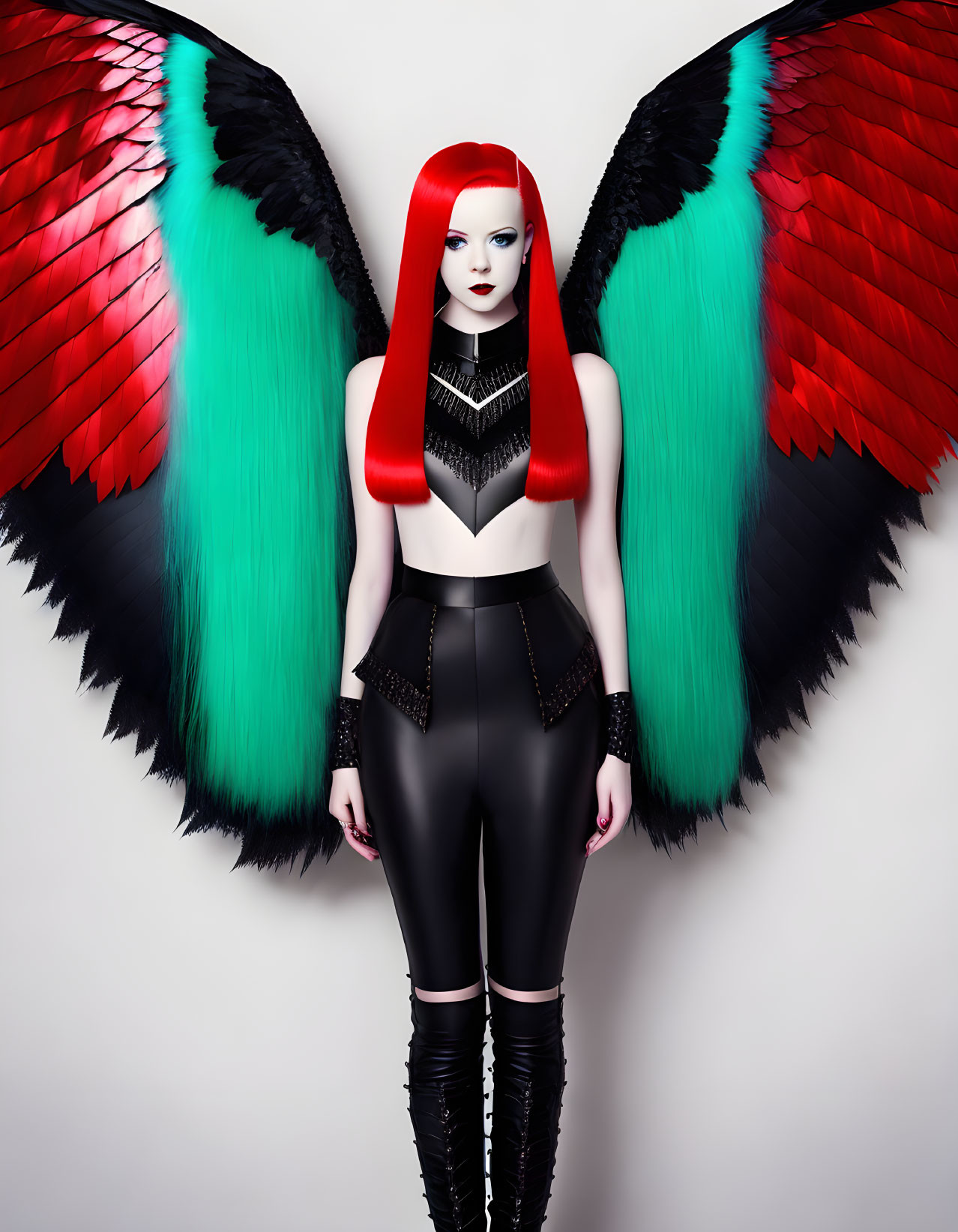 Vibrant woman with red hair and colorful wings in black outfit