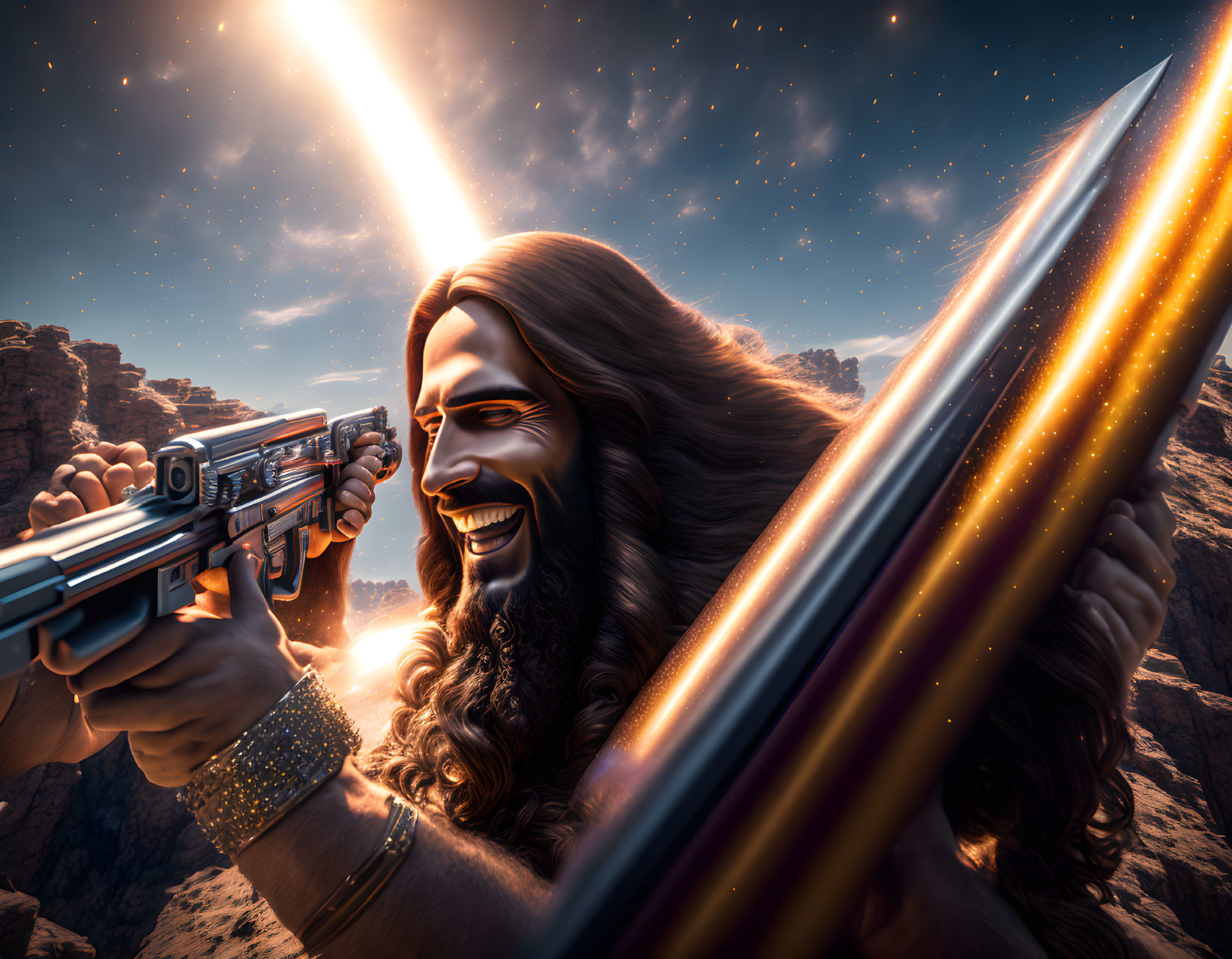 Stylized warrior with beard, glowing sword, futuristic gun in dramatic rocky landscape