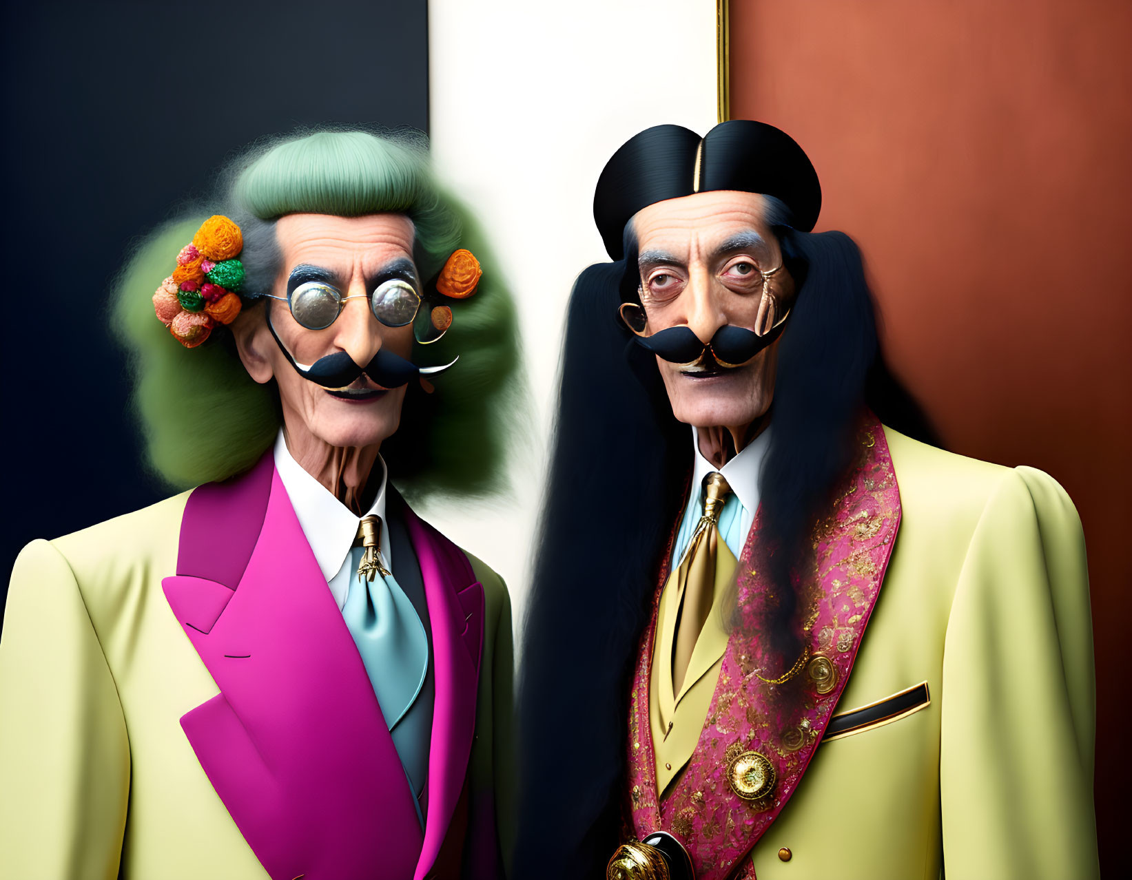 Elderly animated characters with colorful suits and monocles