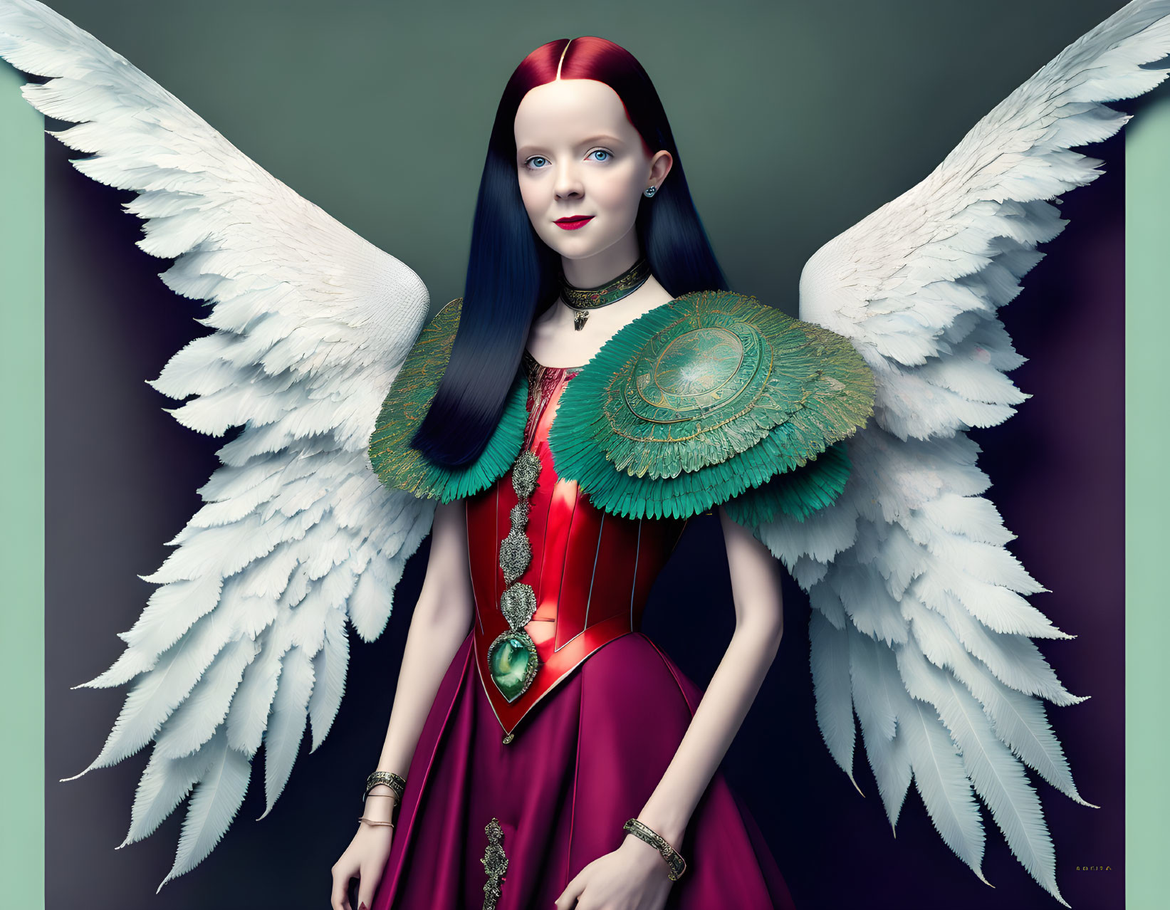 Digital Artwork: Girl with White Wings, Red Dress & Green Shoulder Pads