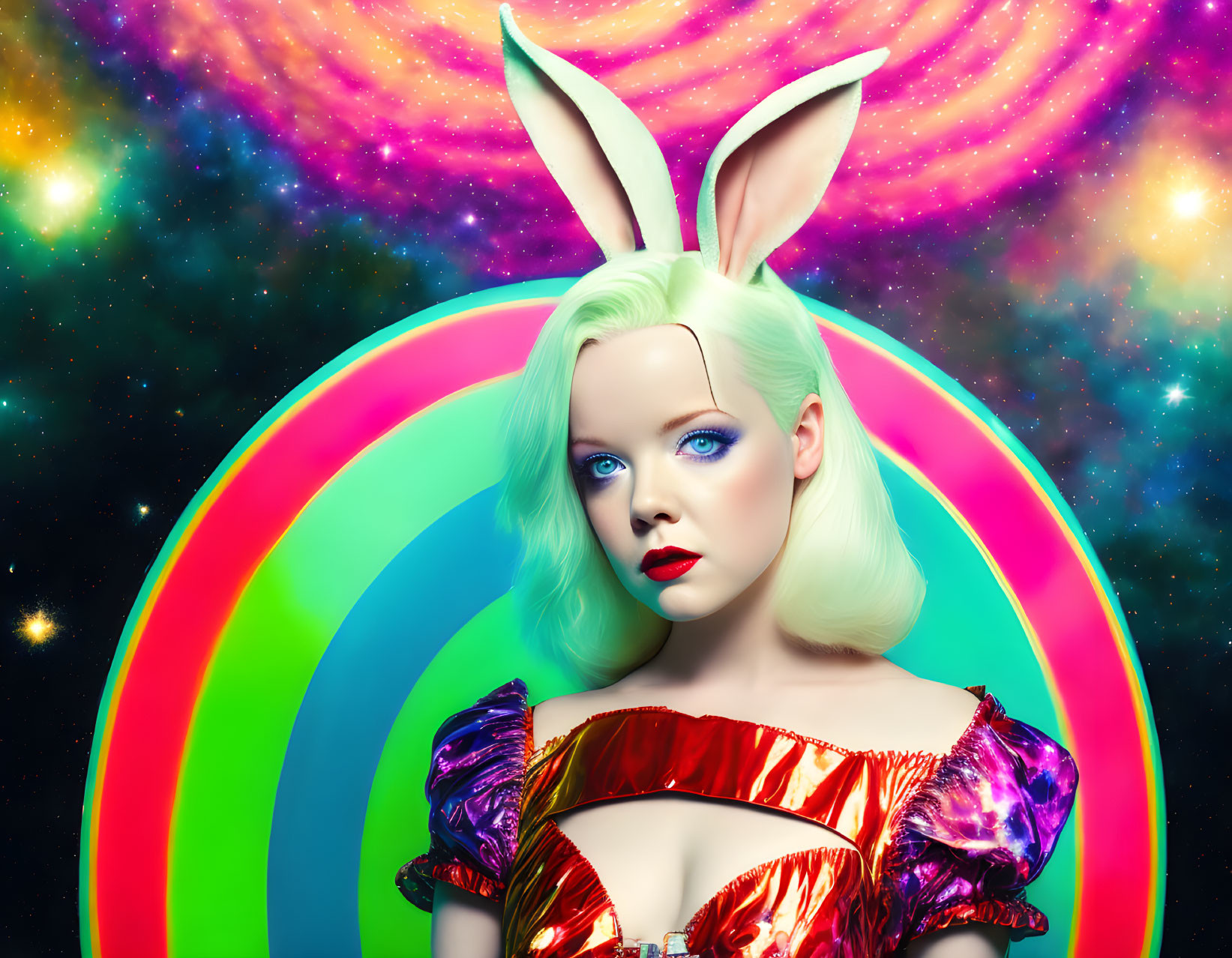 Woman with Bunny Ears and Bold Makeup in Cosmic Rainbow Background