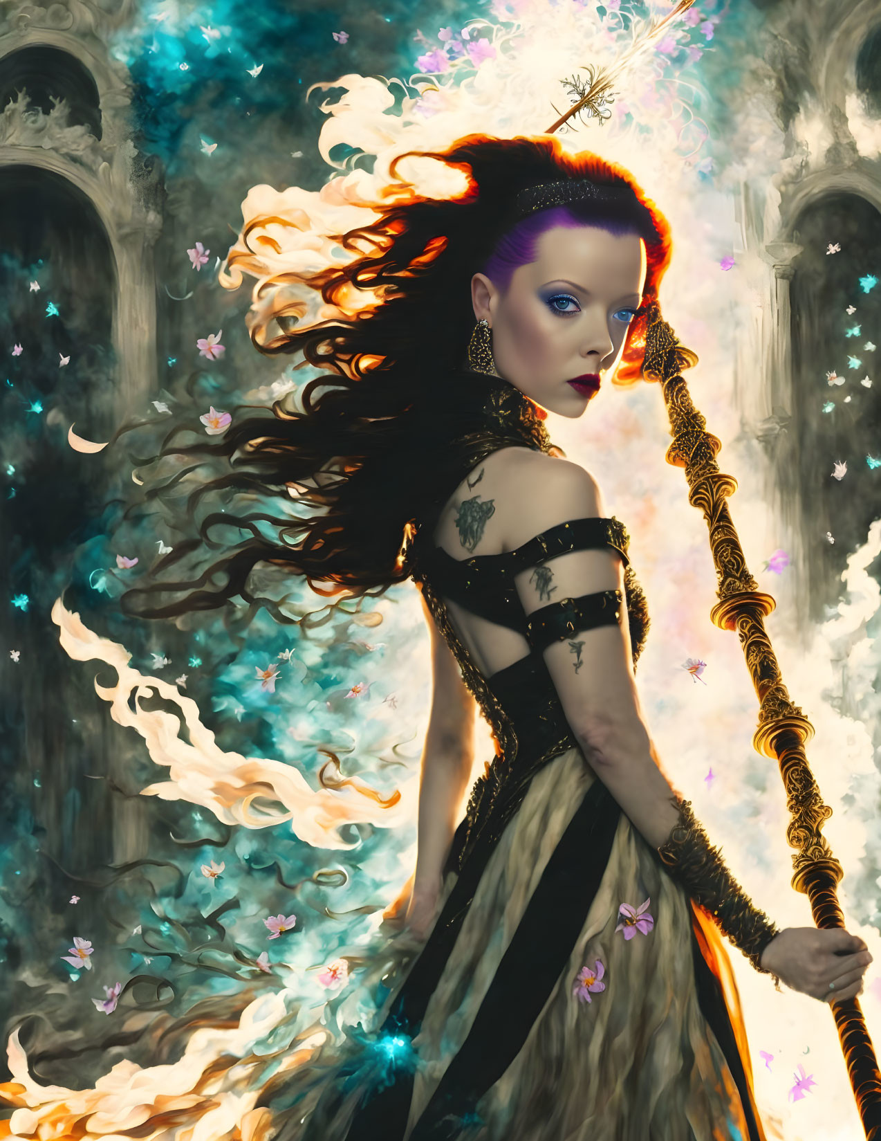 Fantastical woman with fiery red hair wields golden staff amid swirling butterflies