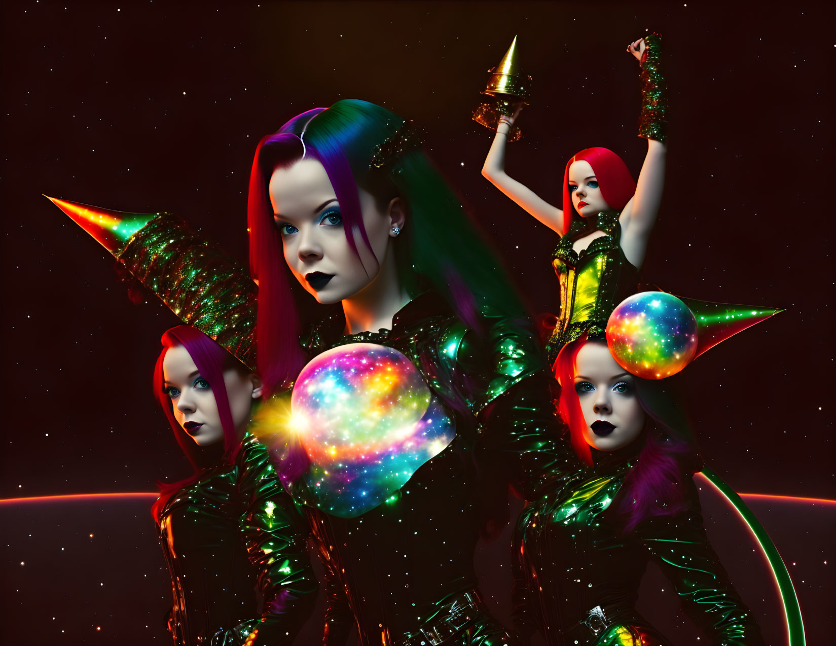 Four futuristic female figures in space-themed attire against a starry background.