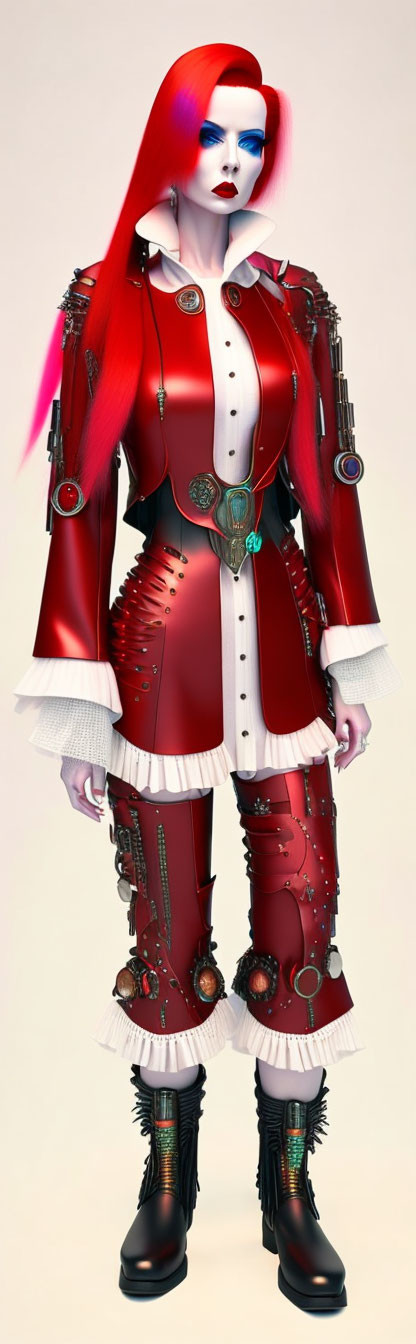 Stylized female figure in red and black steampunk outfit