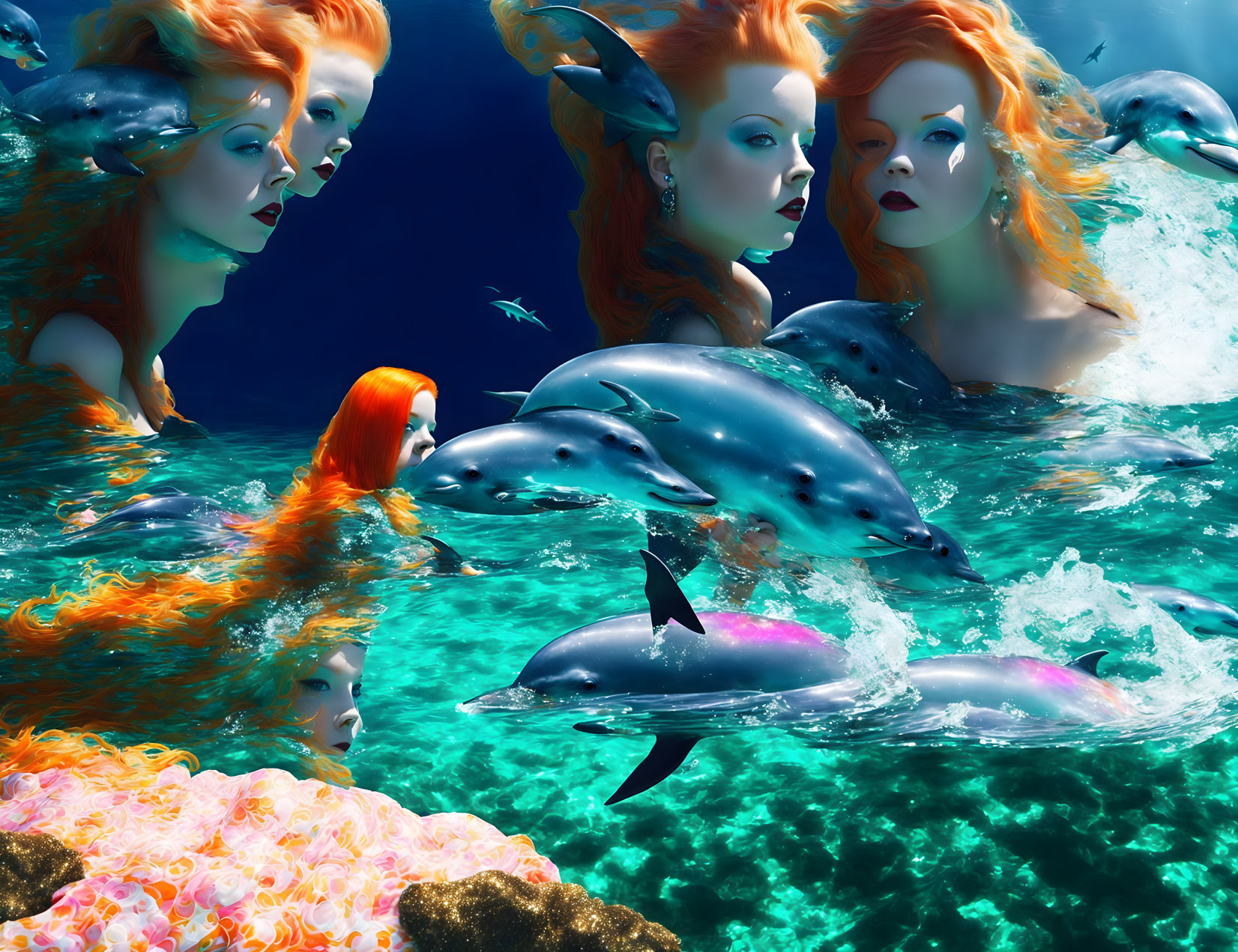 Colorful Underwater Scene: Red-Haired Mermaids, Dolphins, and Coral Reef