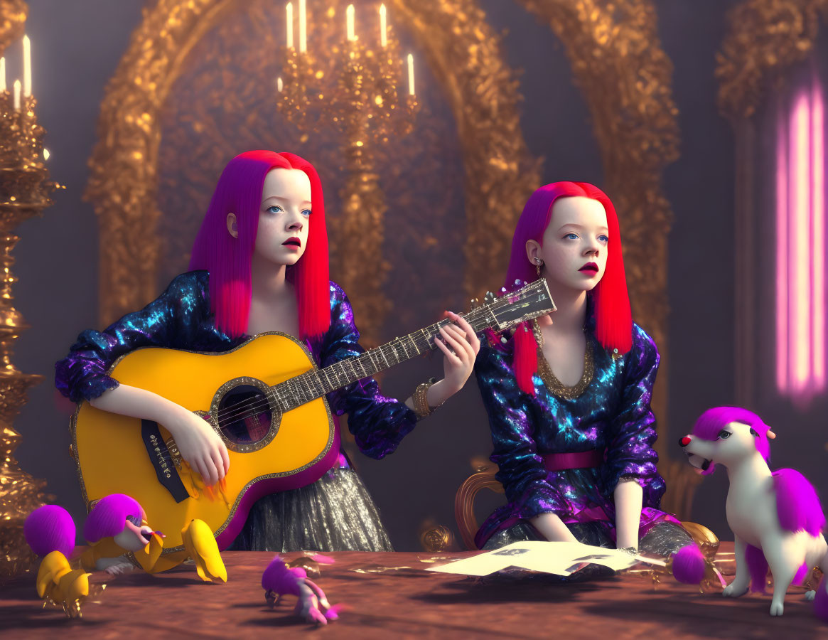 Stylized red-haired female figures in colorful outfits playing guitar in whimsical room