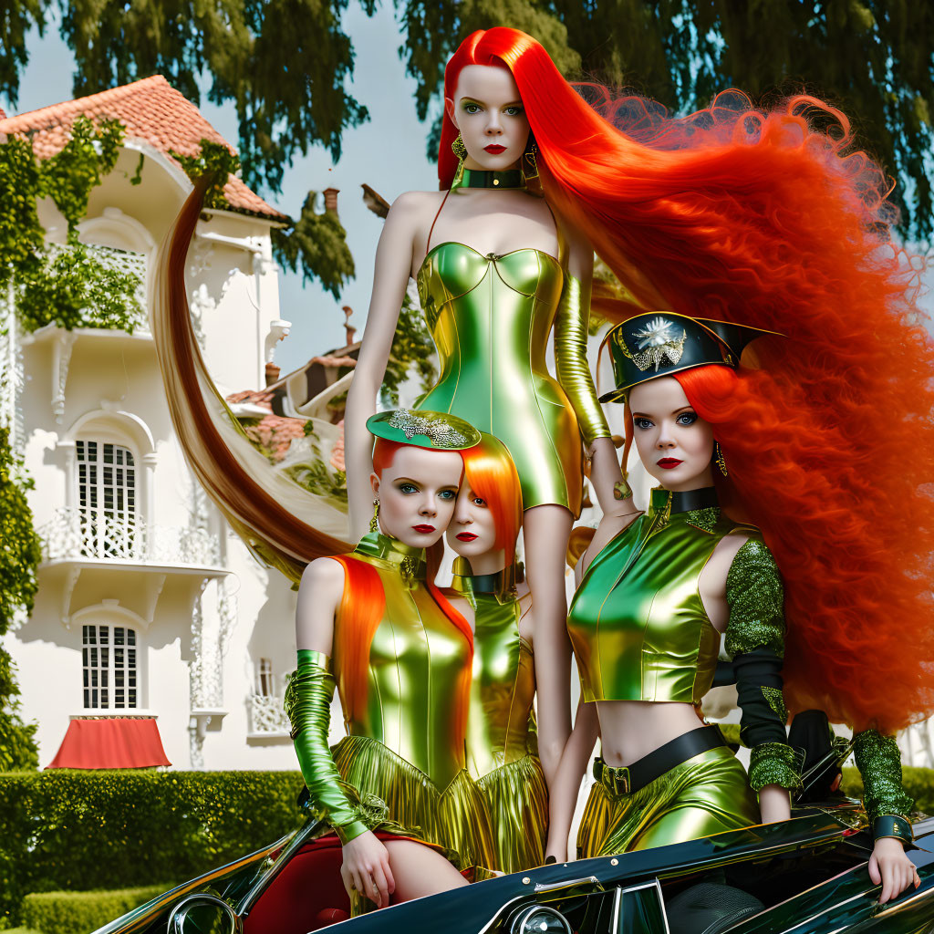 Three Women with Bright Red Hair in Futuristic Green Outfits Pose in Front of Classic Car and Elegant
