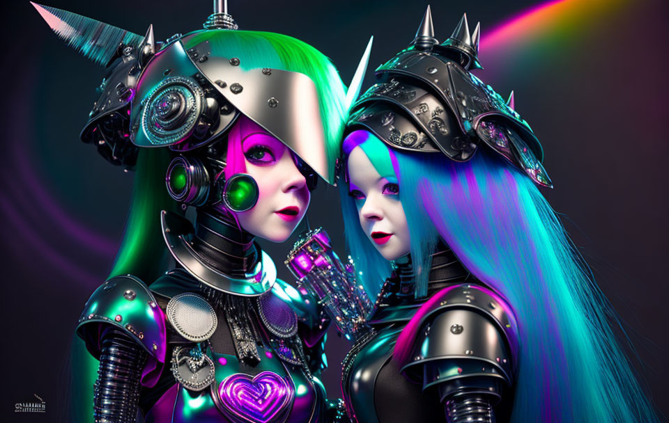 Futuristic female androids with green and blue hair in spiked helmets and armor under rainbow light