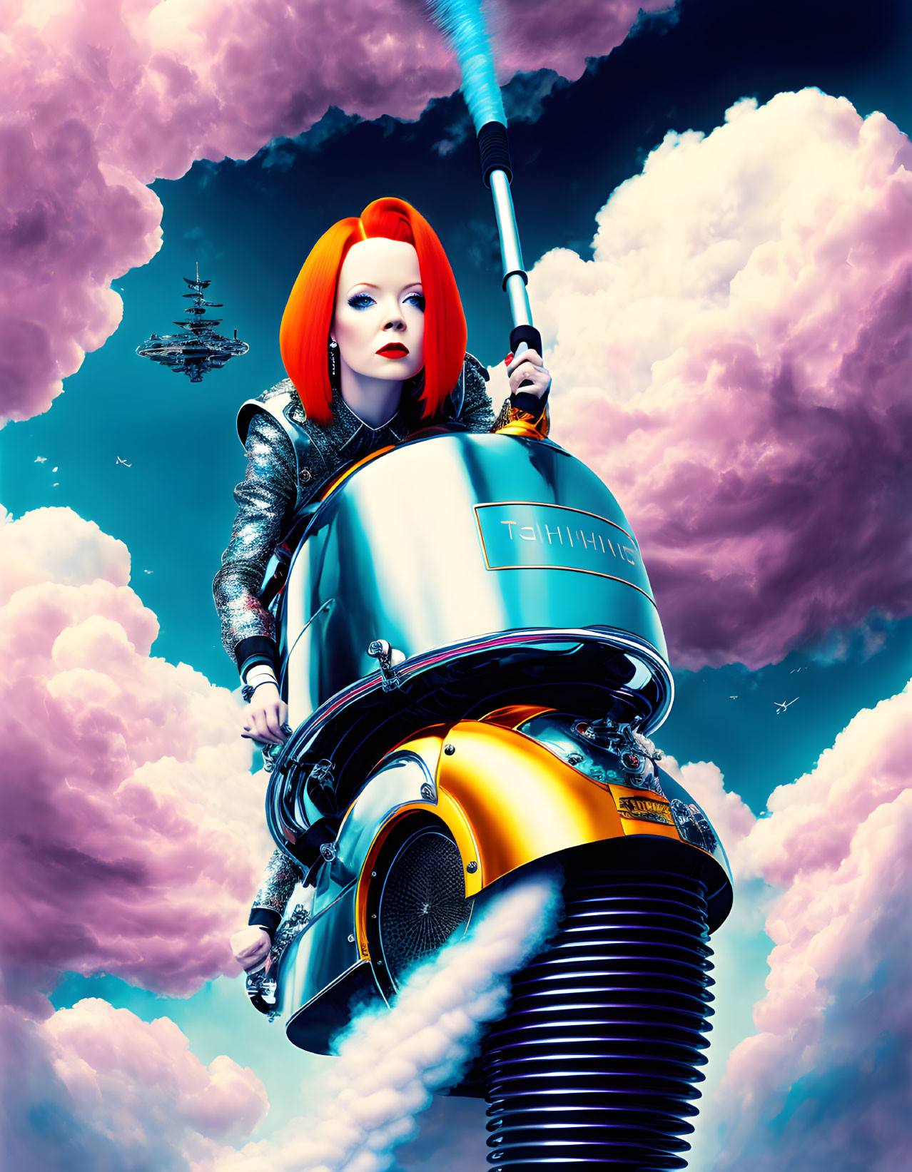 Red-haired woman rides futuristic vacuum machine in pink cloud sky with light beam staff and floating ships.