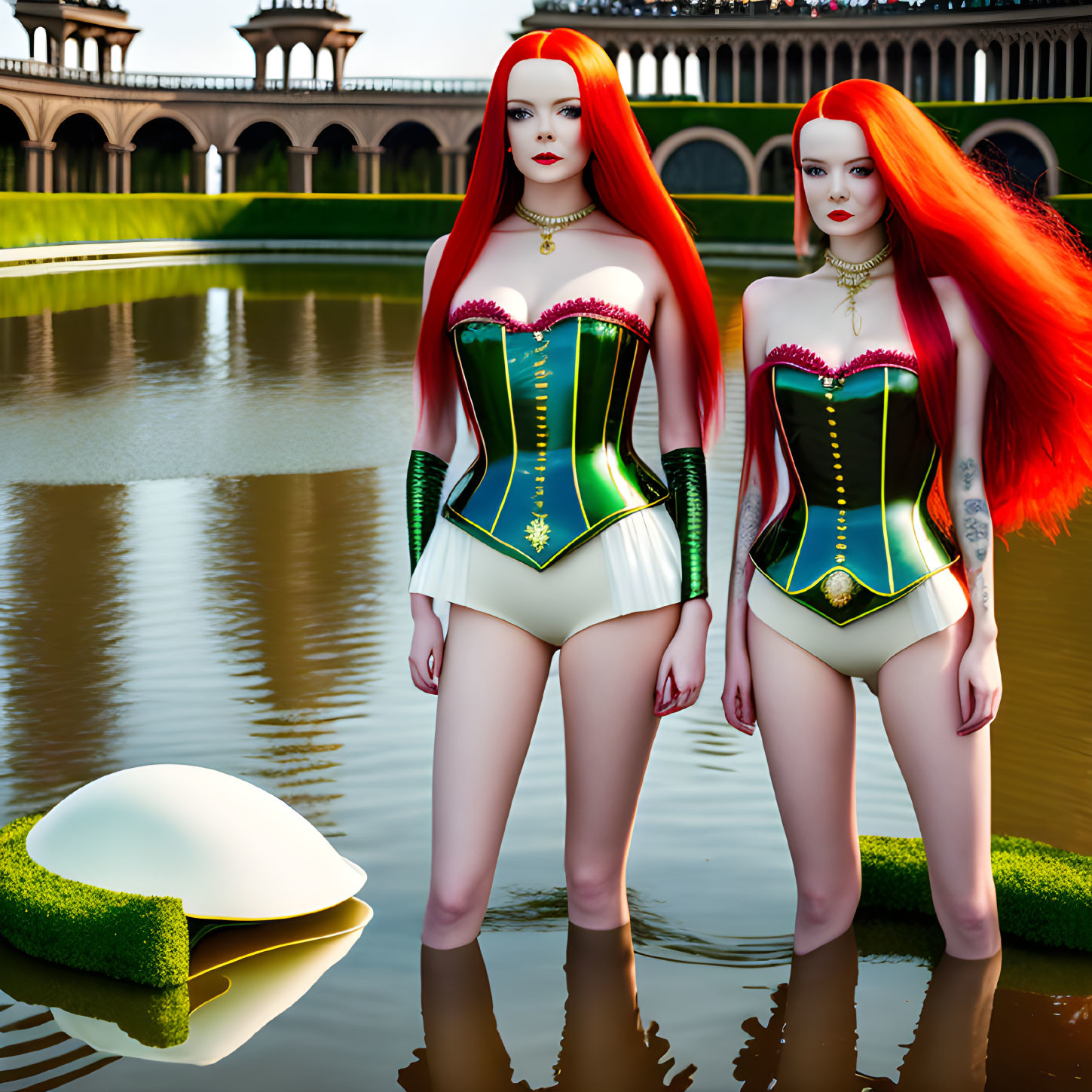 Identical 3D rendered women with red hair in green corsets by pond with turtle and classical