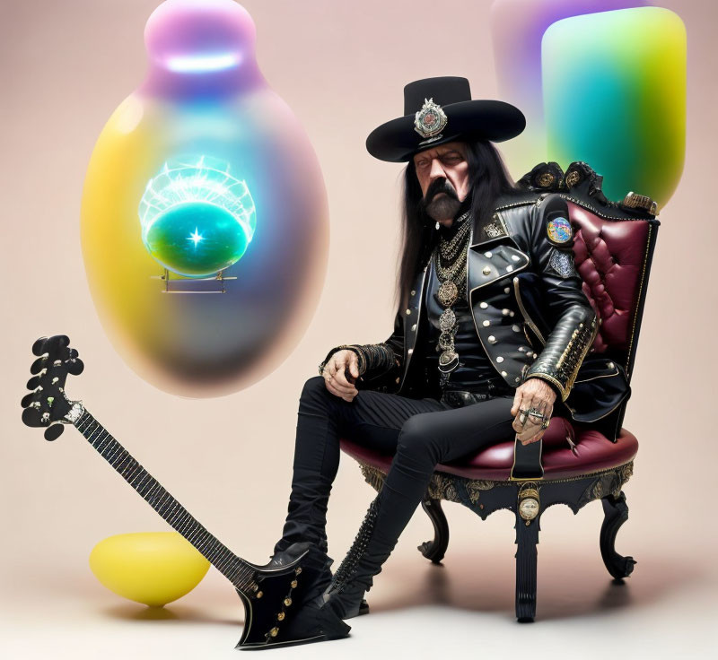 Heavy Metal Fashion Outfit Person with Guitar on Red Chair Amid Colorful Abstract Shapes