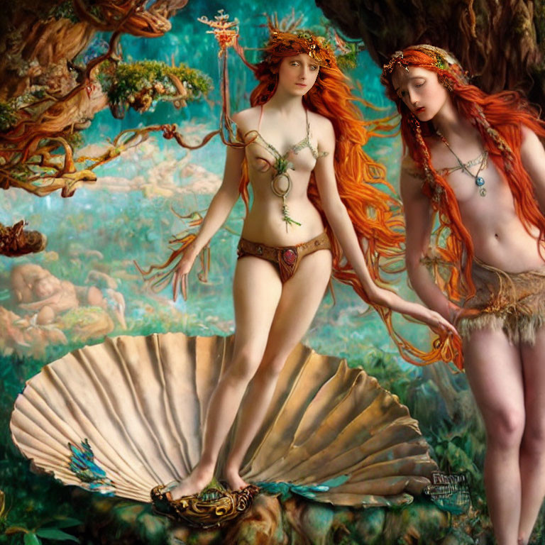 Artistic depictions of forest nymphs with ornate jewelry in woodland setting