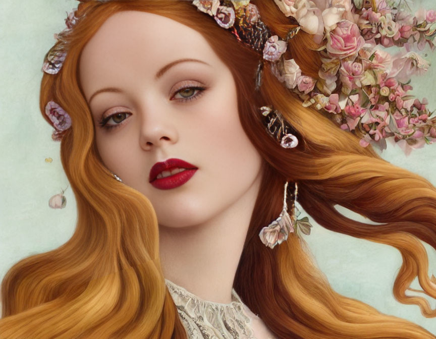 Portrait of a Woman with Flowing Red Hair and Elegant Beauty