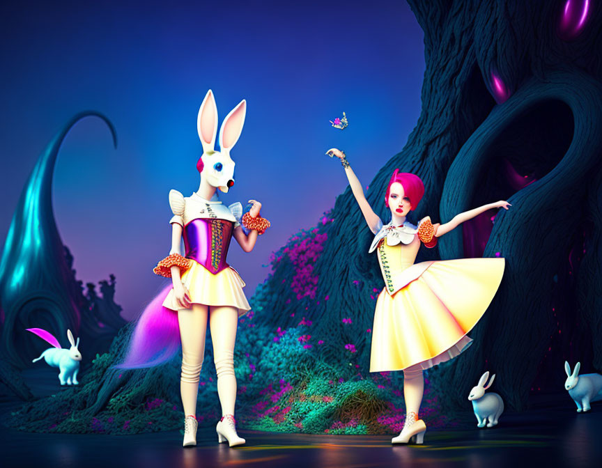 Colorful forest with white rabbit and butterfly person in vibrant costumes