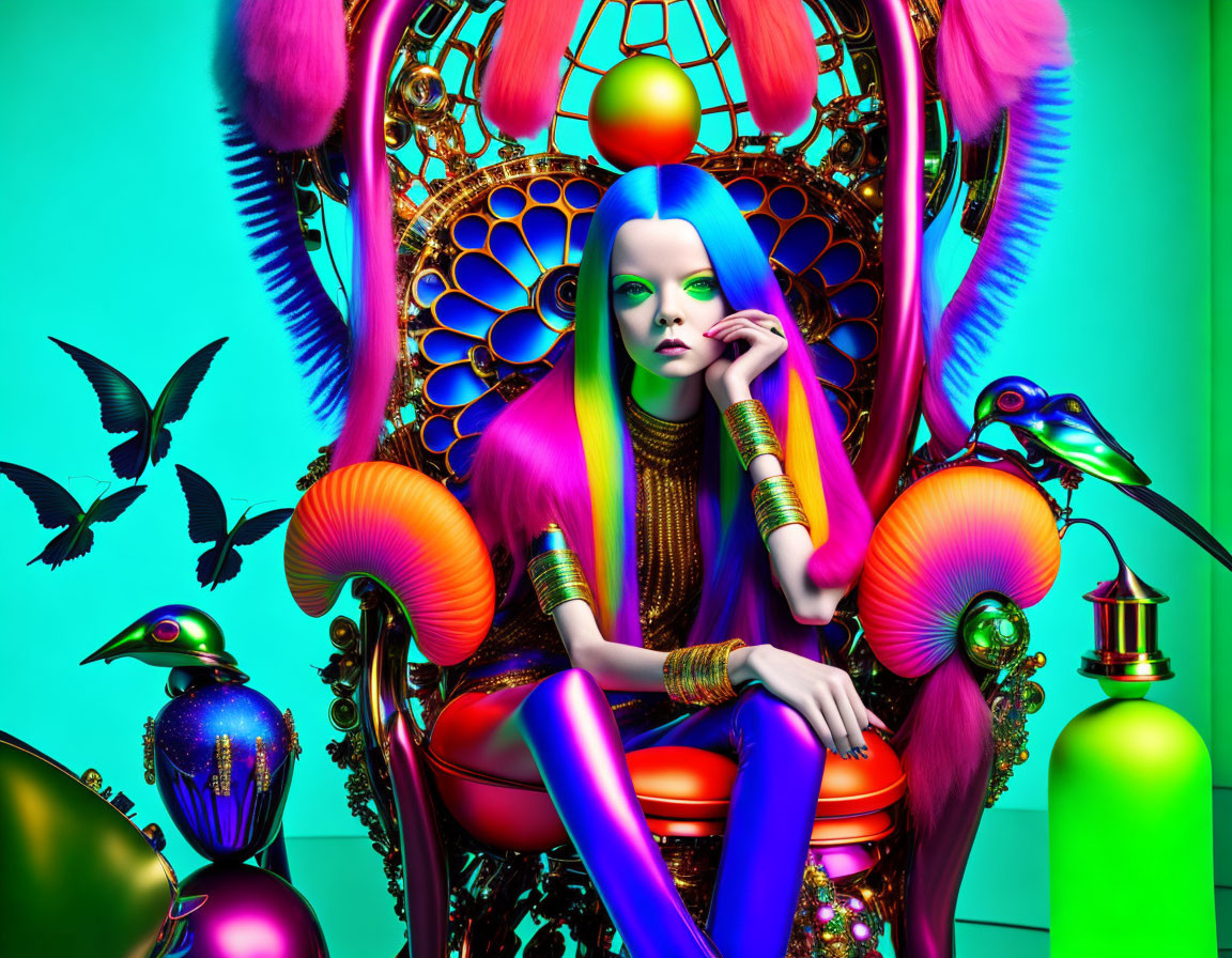 Vibrant surreal portrait of blue-skinned woman with neon hair surrounded by mushrooms and birds