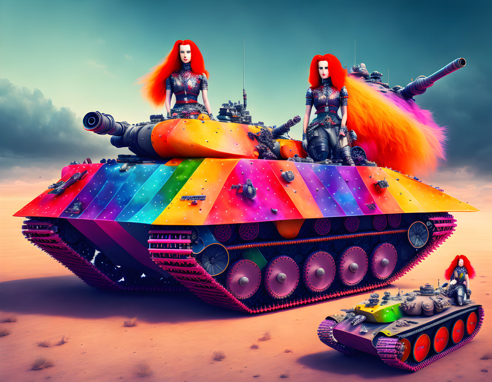 Two red-haired women in futuristic armor on vibrant tanks in desert dusk.