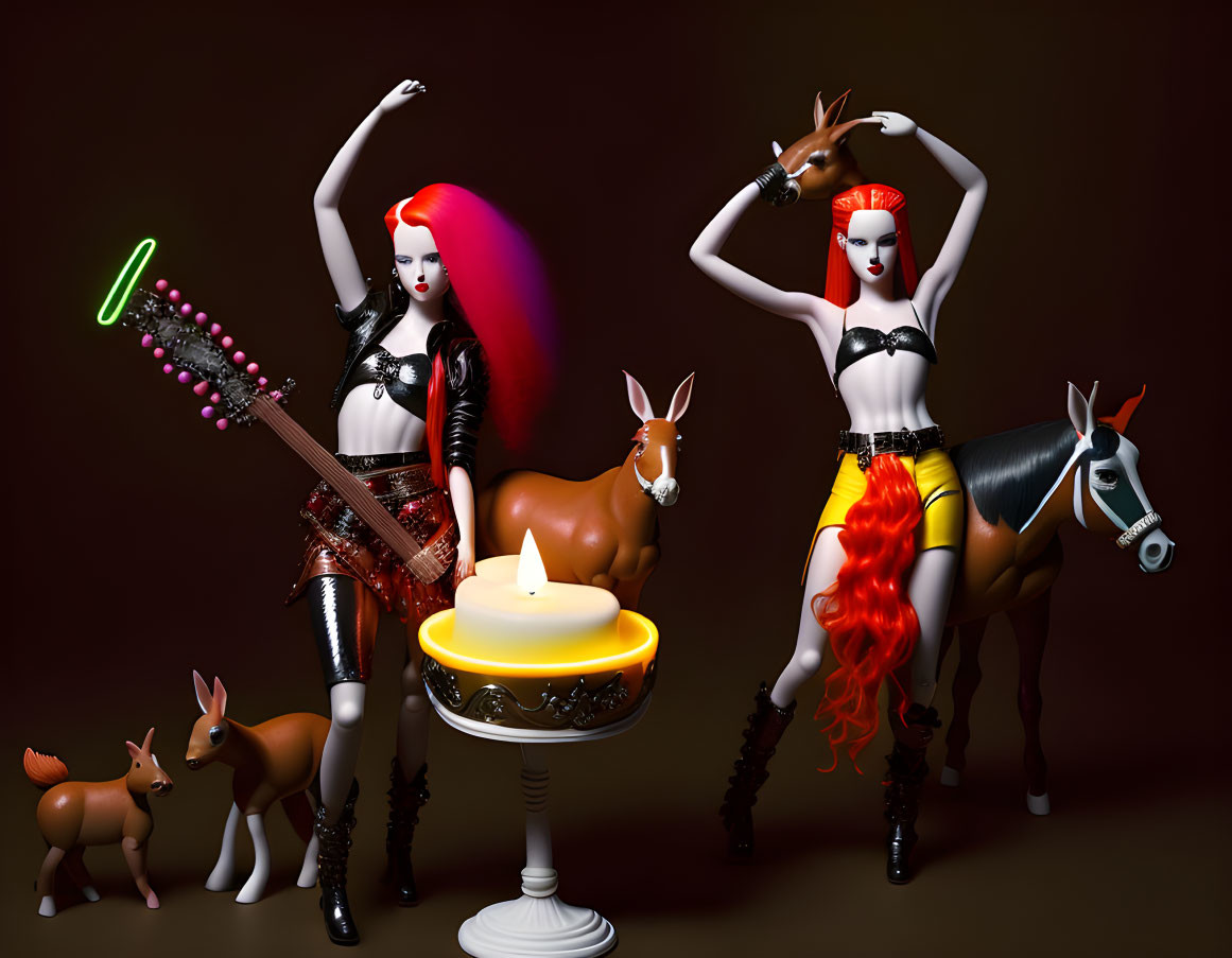 Stylized female figurines with vibrant hair, guitar, animal figurines, and candle.