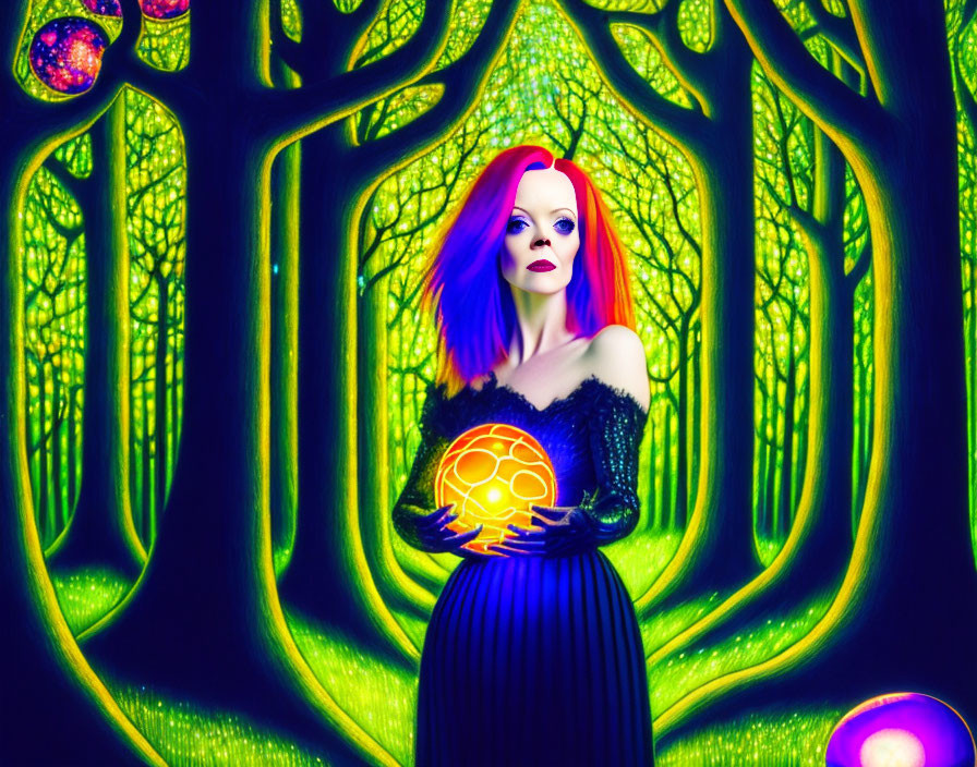 Vibrant purple-haired woman in mystical forest with glowing orb