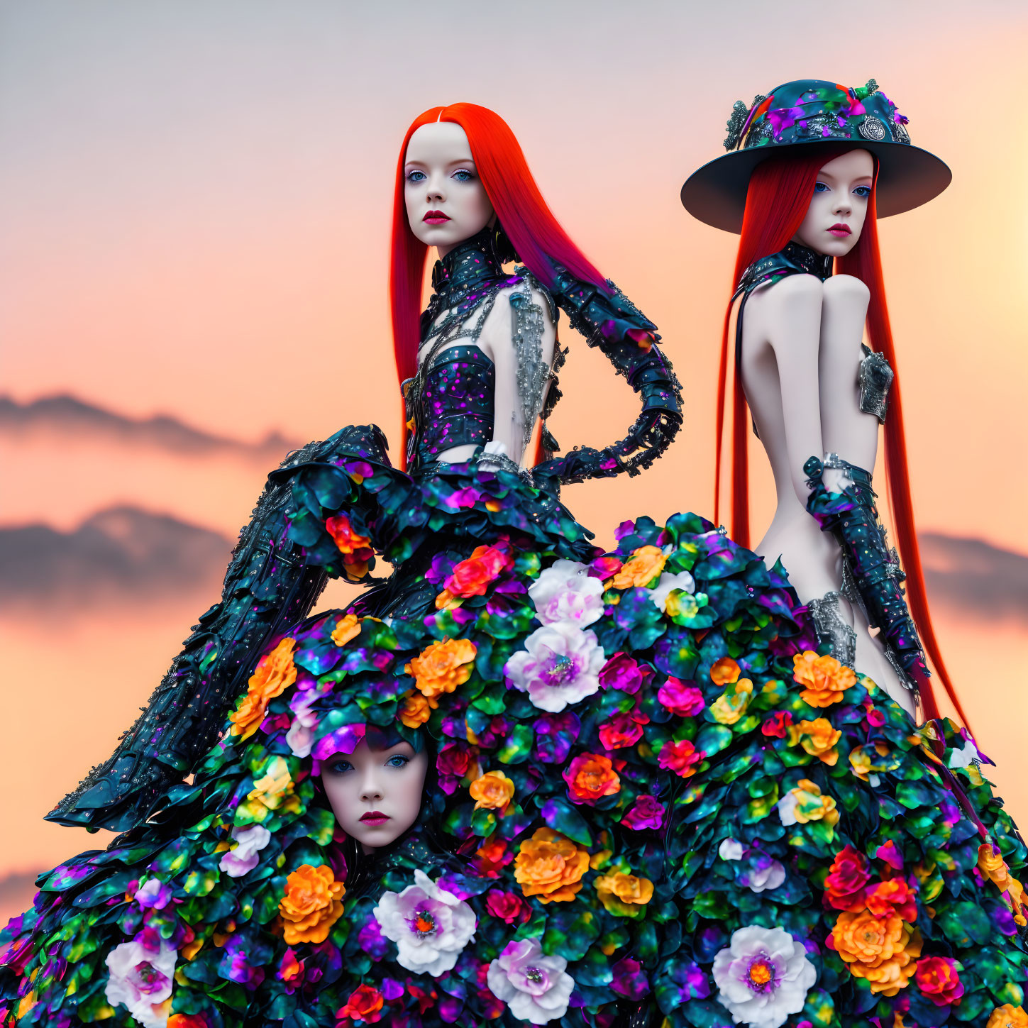 Mannequins in Floral Dresses Under Sunset Sky