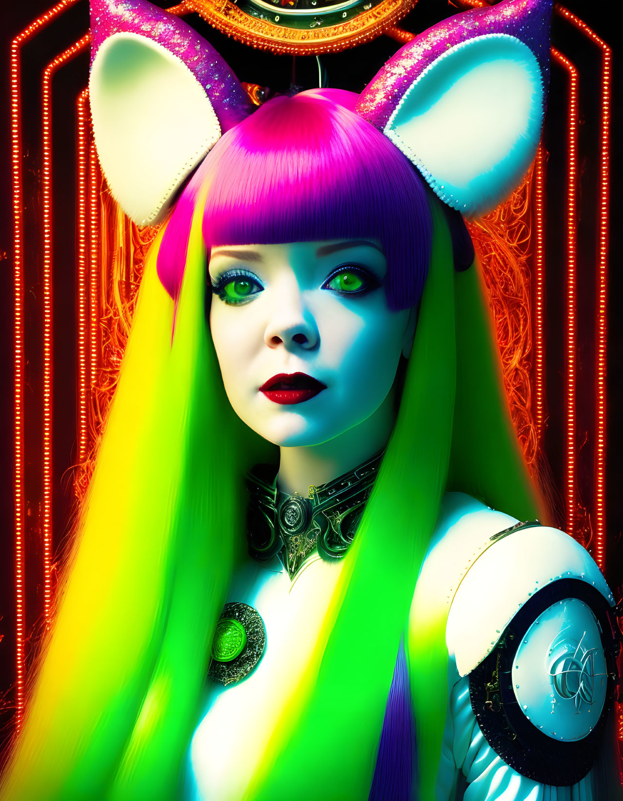 Colorful portrait of a woman with unique features and futuristic attire on ornate backdrop