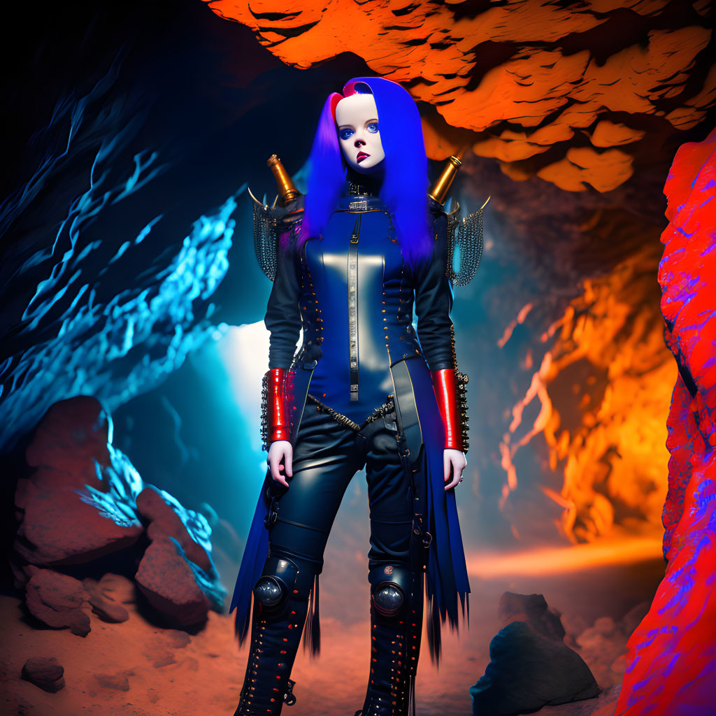 Blue-haired figure in cyberpunk armor in warm and cool lit cavern.