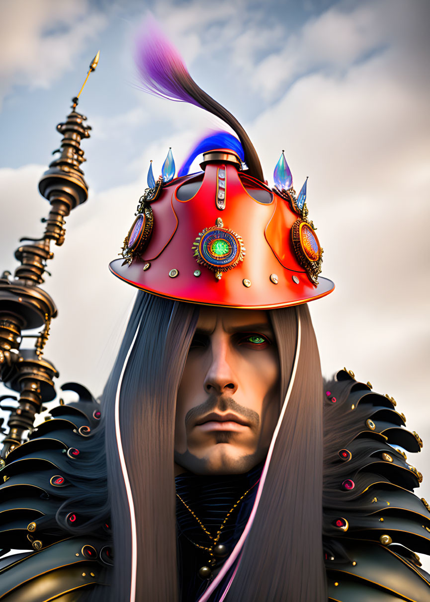 Fantasy warrior digital art: decorated helmet, white hair, ornate armor