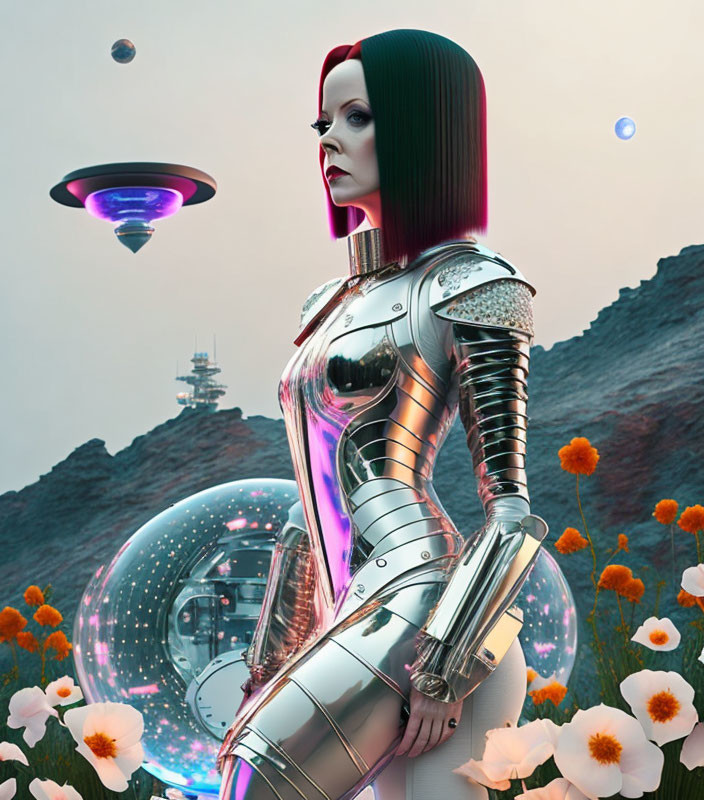 Silver-armored female android with spacecraft and alien landscape.