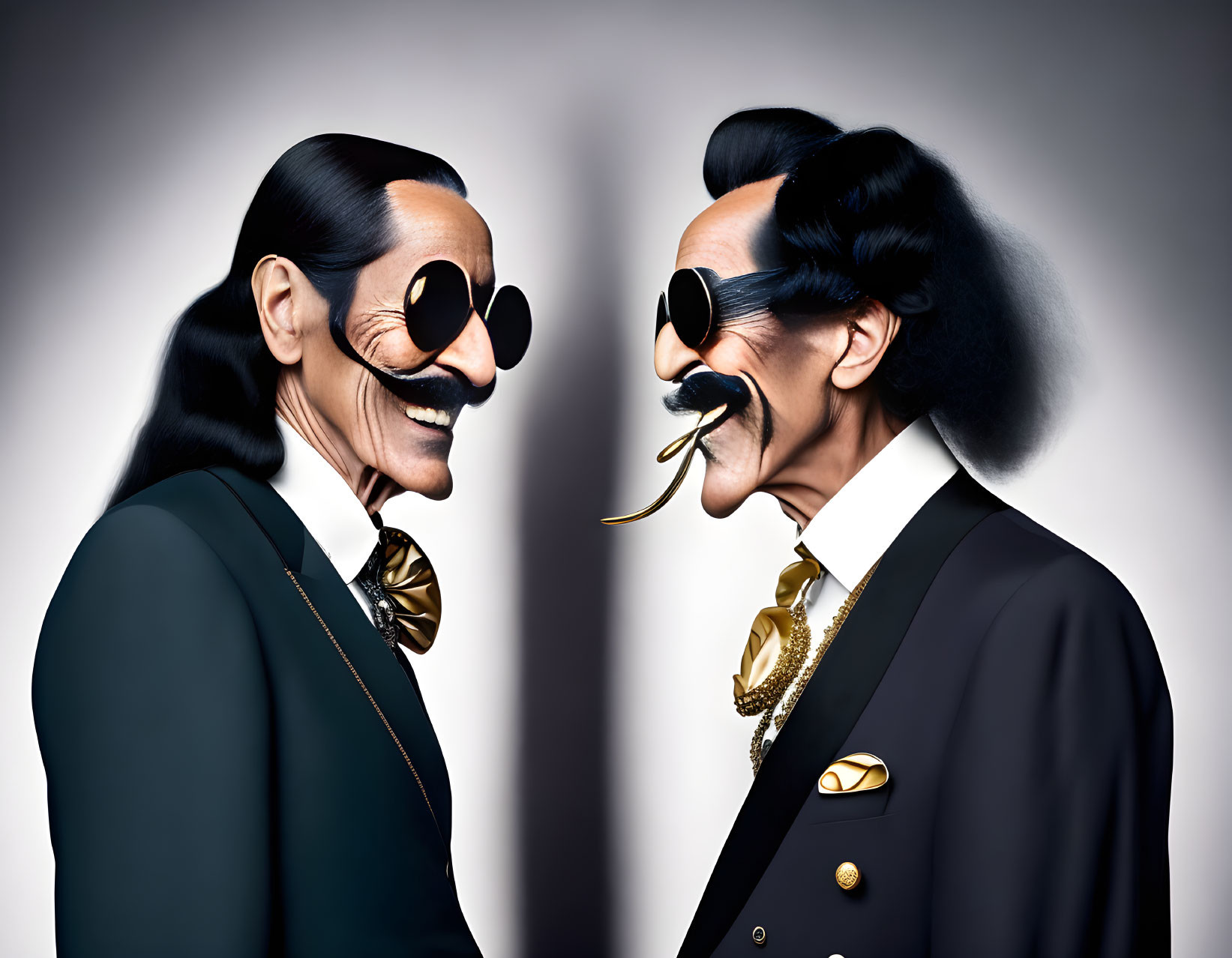 Stylized caricatured figures in suits and sunglasses facing each other