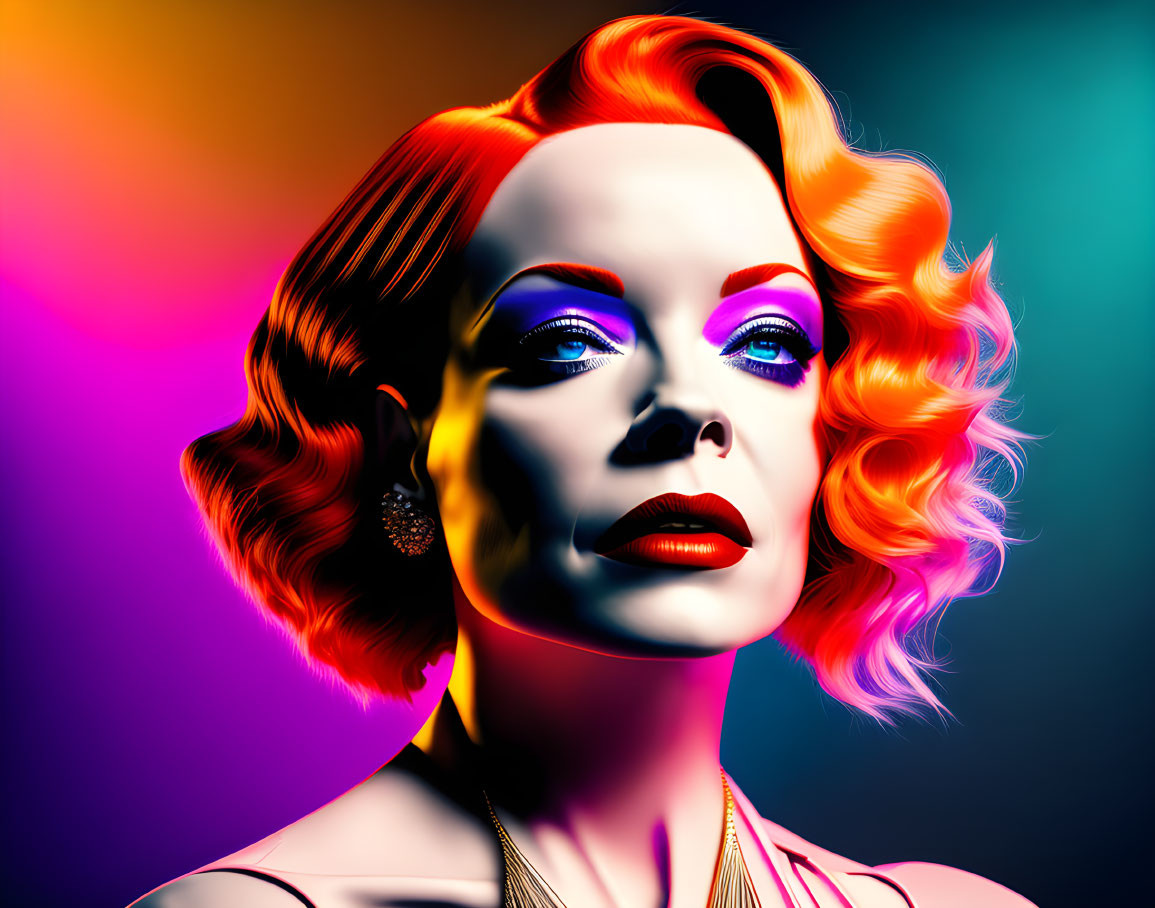 Colorful portrait of woman with red hair and blue eyes on neon background