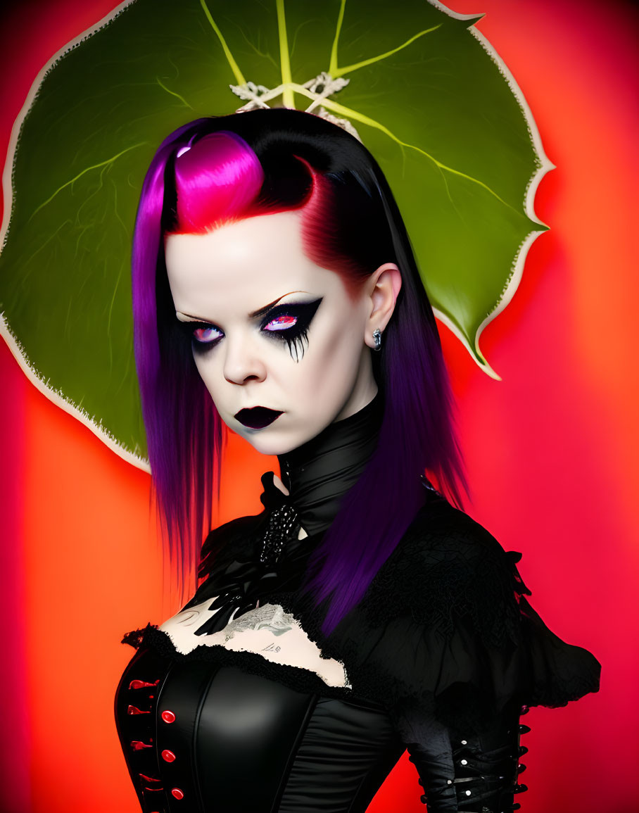 Gothic woman with purple hair and corset on red background