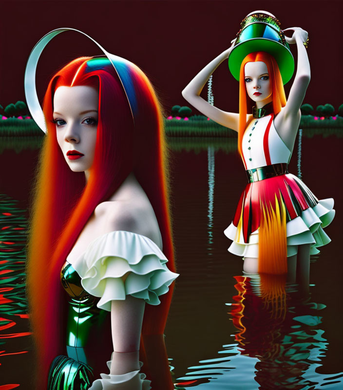 Symmetrical female figures with vibrant hair and whimsical dresses on calm water surface