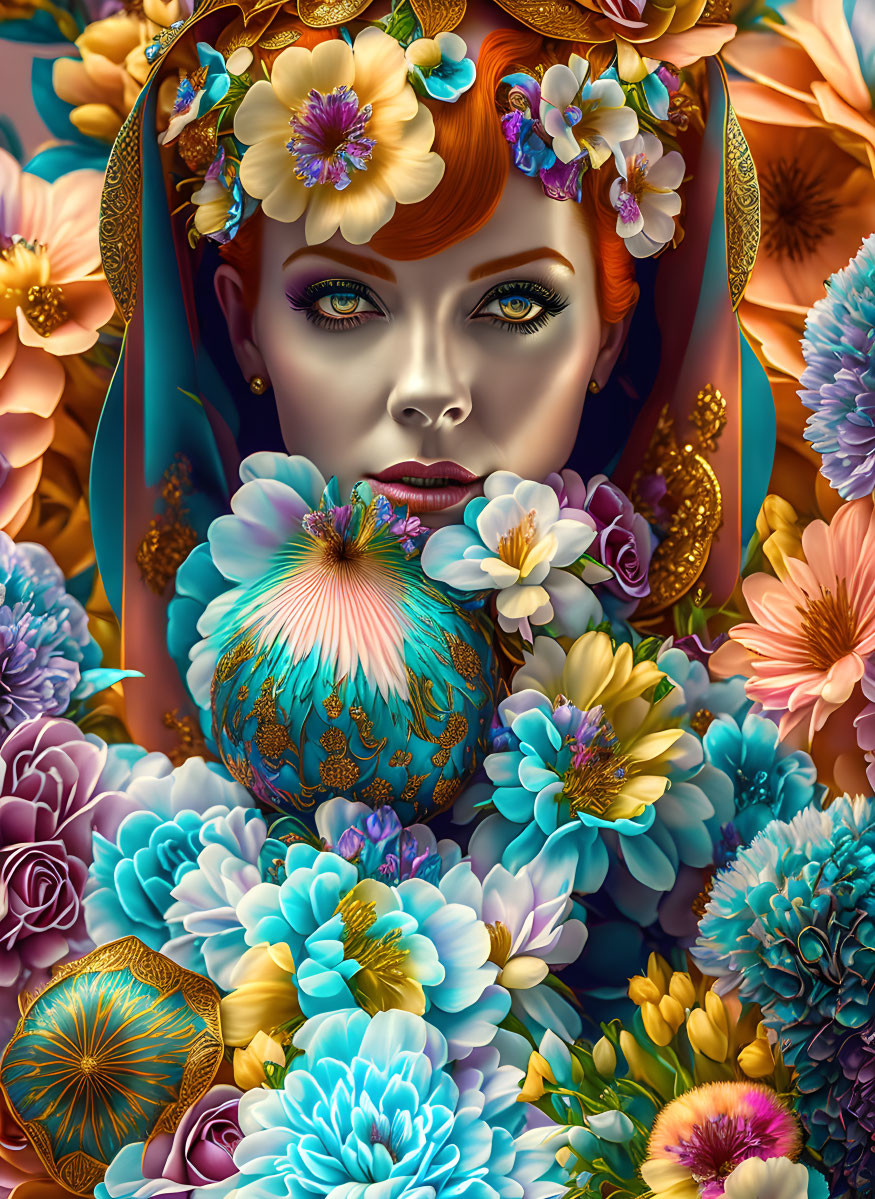 Colorful Floral Woman's Face Illustration with Decorative Veil