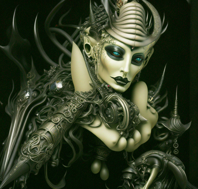 Fantasy female figure with intricate armor and mystical aura