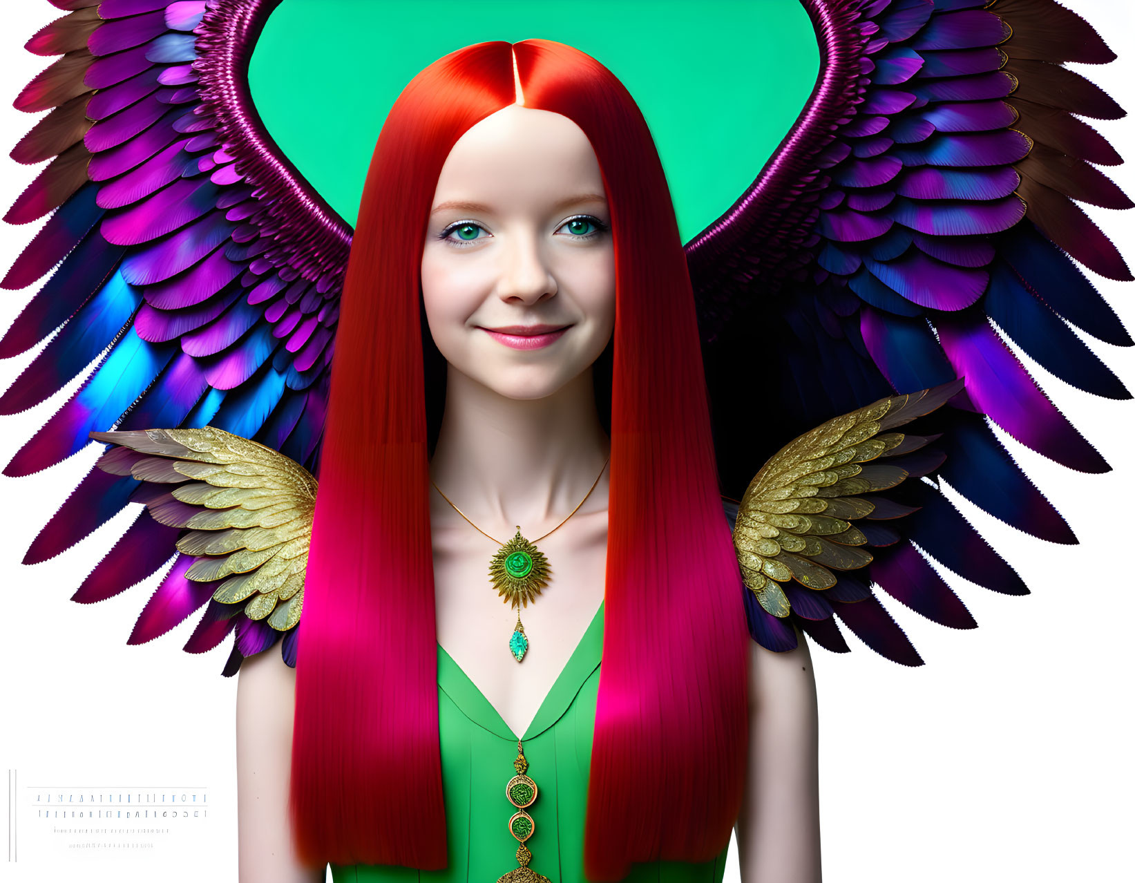 Colorful digital portrait: young woman with red hair, green attire, multicolored wings, gold