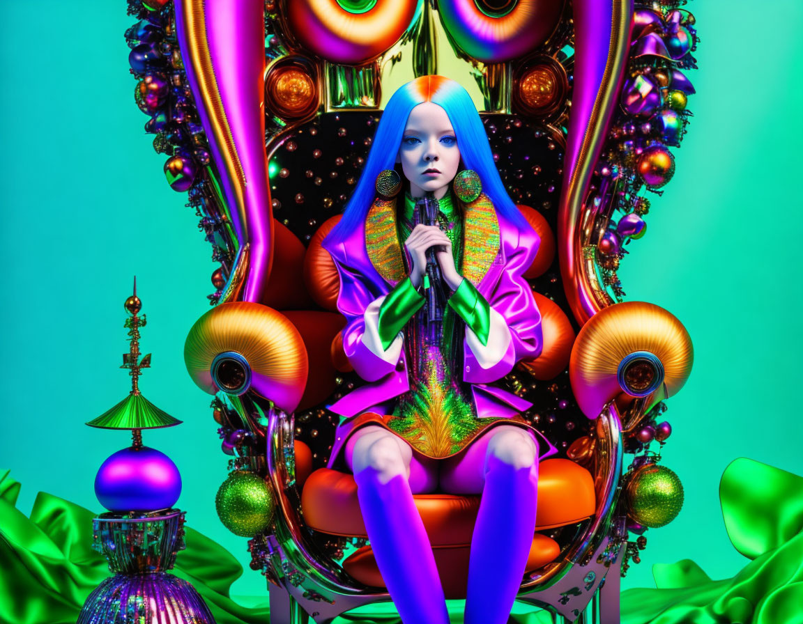 Vibrant surrealist art: person with blue hair on ornate throne