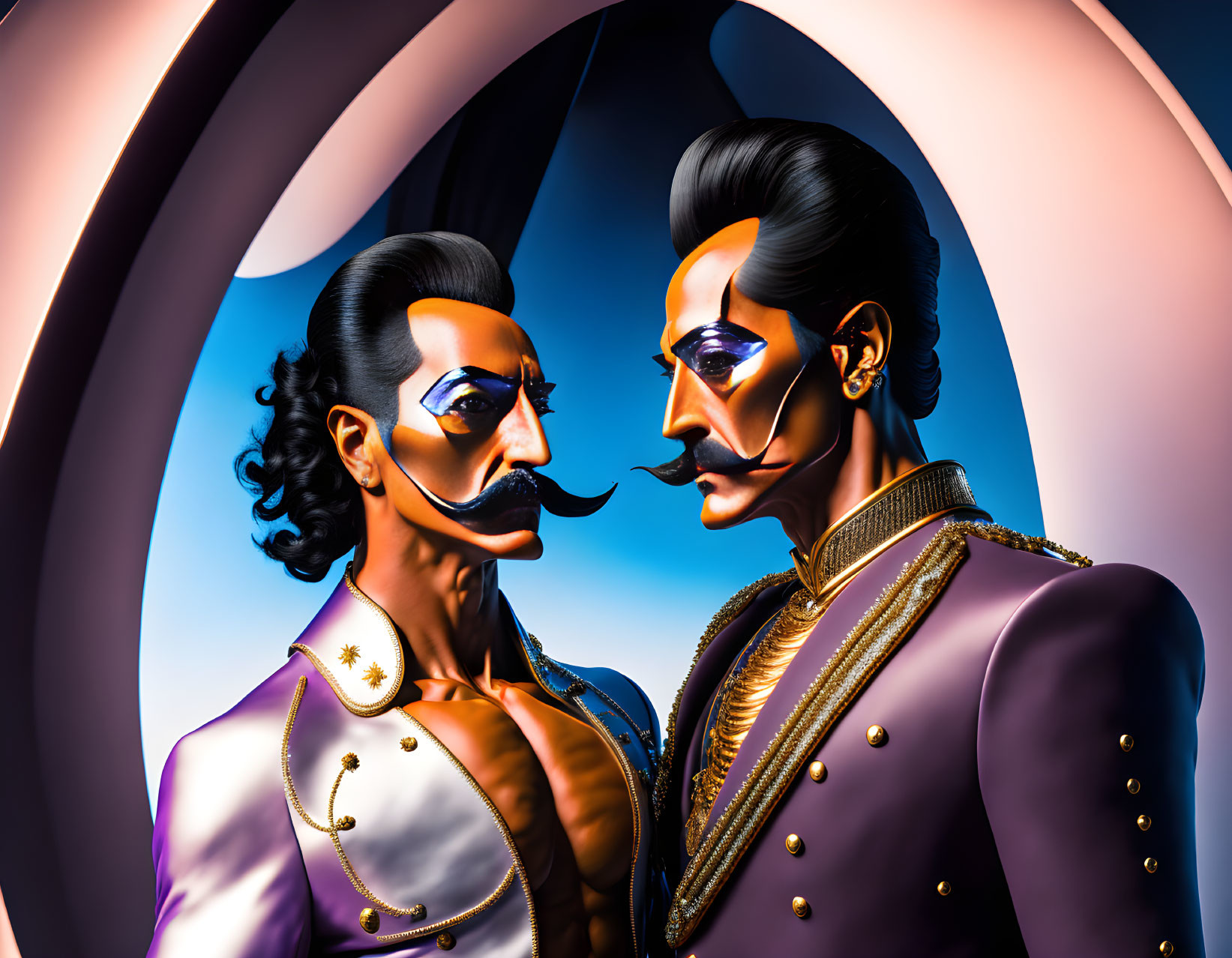 Stylized mustachioed characters in military attire stare-down against colorful backdrop