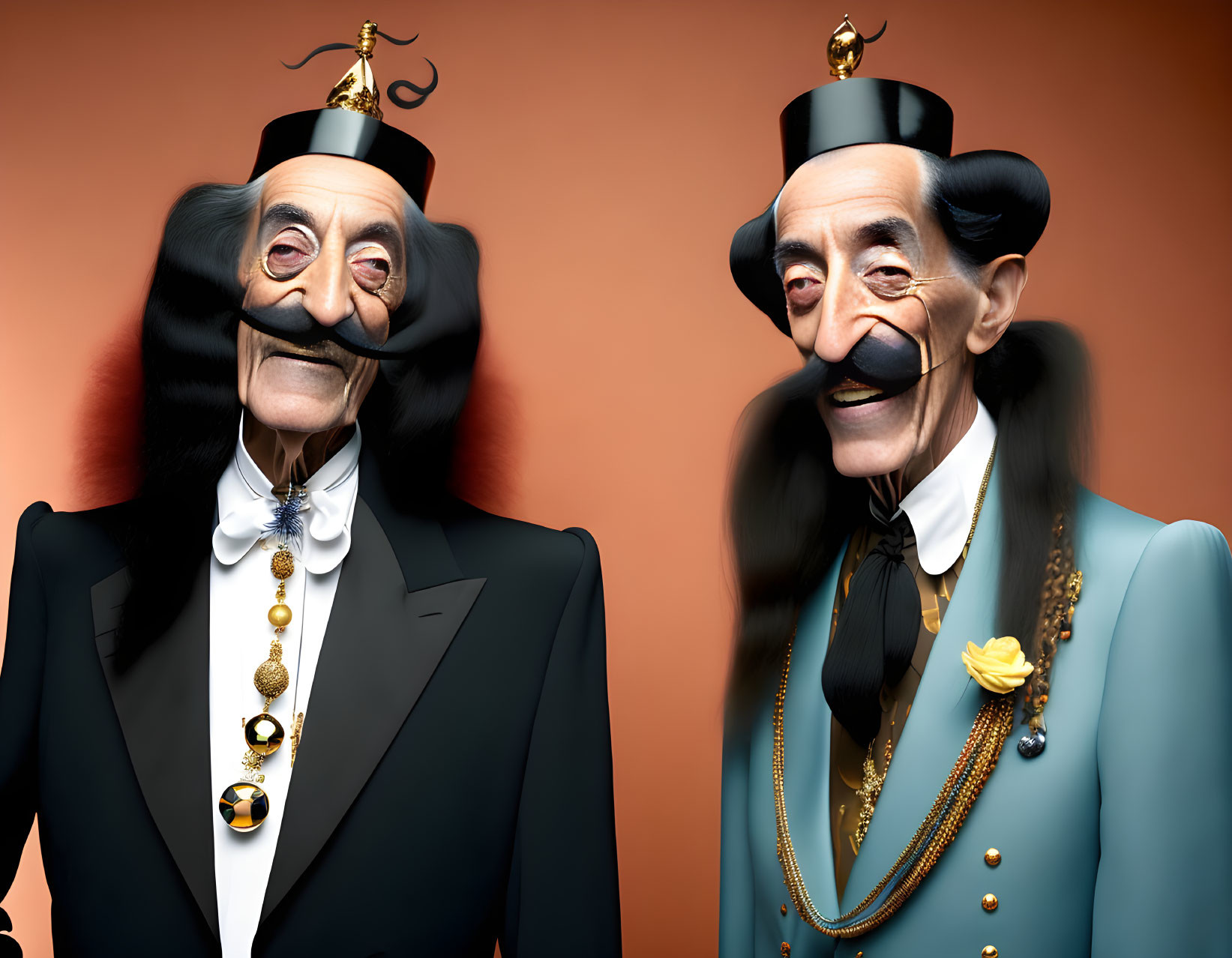 Stylized caricature portraits of elderly gentlemen in dapper suits and bowler hats