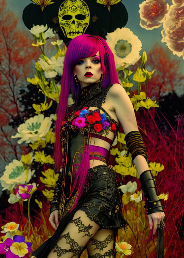 Vibrant purple hair and gothic makeup in floral-themed outfit