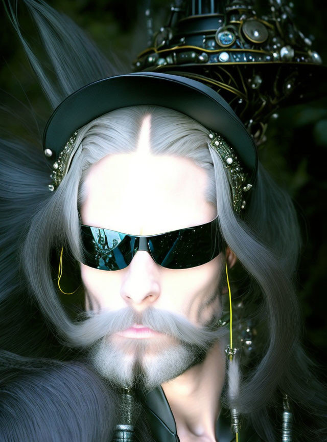 Character portrait with long gray hair, sunglasses, mustache, and intricate mechanical headpiece